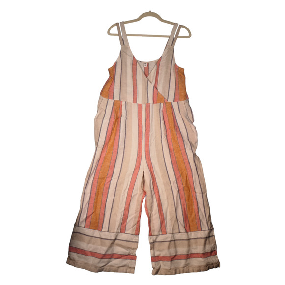 bp Pants - BP Jumpsuit Womens M Ivory Striped Wide Leg Pockets Linen Blend Gauzy Beachy